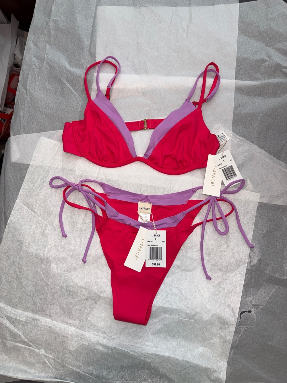 L*SPACE Hot Pink Bikini with Lavender Trim Tie-Side Set L